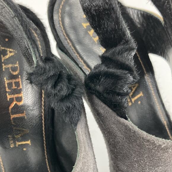 Aperlai Paris Womens Black Gray Tan Leather Pony Peep Toe Heels Size 38 1/2 - Picture 8 of 16